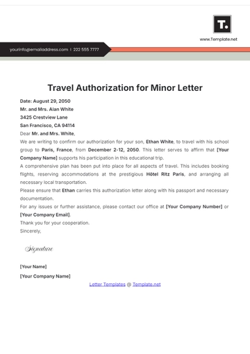 Free Travel Authorization for Minor Letter Template to Edit Online