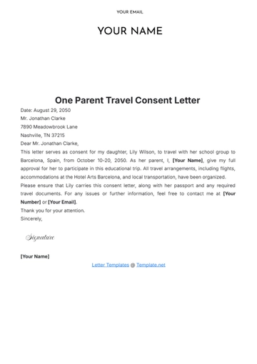 Free One Parent Travel Consent Letter Template to Edit Online