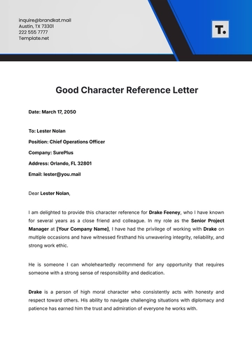 Free Good Character Reference Letter Template to Edit Online