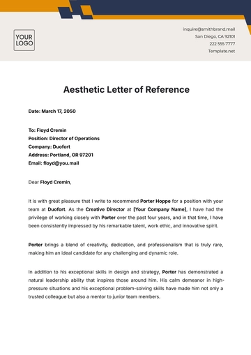 Free Aesthetic Letter of Reference Template to Edit Online