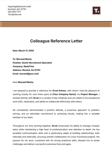 Free Colleague Reference Letter Template to Edit Online