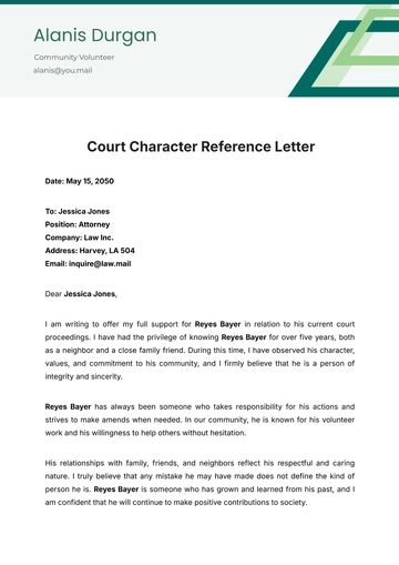 Free Court Character Reference Letter Template to Edit Online