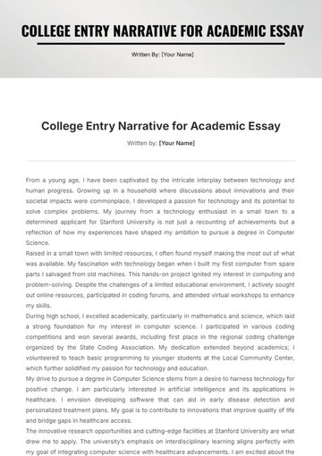 Free College Entry Narrative for Academic Essay Template to Edit Online