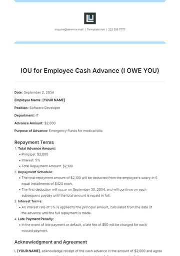 Free IOU for Employee Cash Advance Template to Edit Online