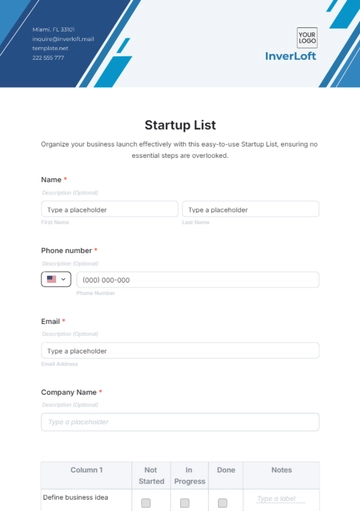 Free Startup List Form Template to Edit Online