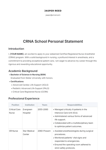 Free CRNA School Personal Statement Template to Edit Online