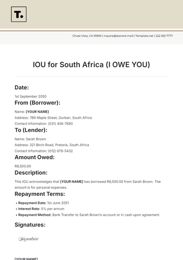 Free IOU for South Africa Template to Edit Online