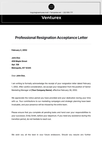 Free Professional Resignation Acceptance Letter Template to Edit Online