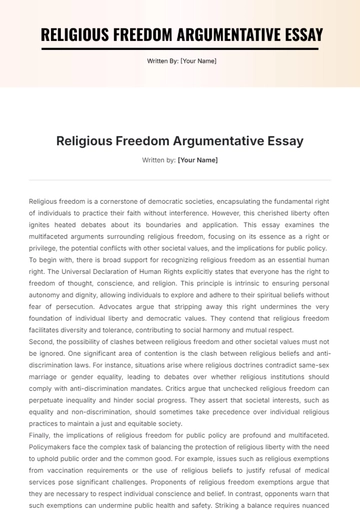 Free Religious Freedom Argumentative Essay Template to Edit Online