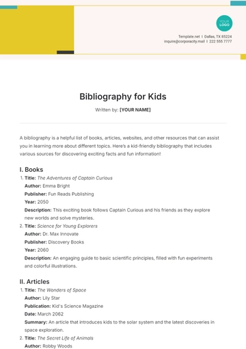 Free Bibliography Template for Kids to Edit Online