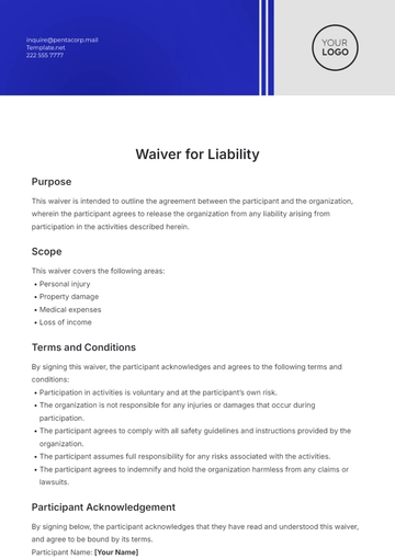 Free Sample Waiver Template for Liability to Edit Online