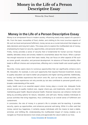 Free Money in the life of Person Descriptive Essay Template to Edit Online