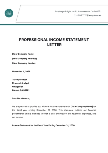Free Professional Income Statement Letter Template to Edit Online