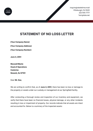 Free Statement of No Loss Letter Template to Edit Online