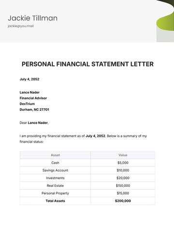 Free Personal Financial Statement Letter Template to Edit Online