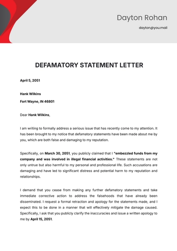 Free Defamatory Statement Letter Template to Edit Online