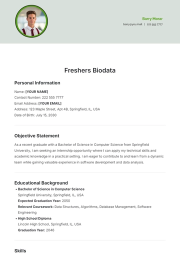 Free Freshers Biodata Template to Edit Online