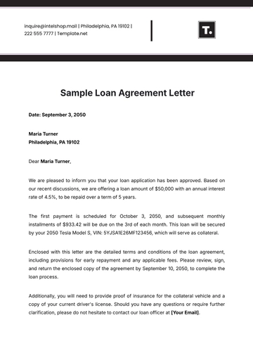 Free Sample Loan Agreement Letter Template to Edit Online