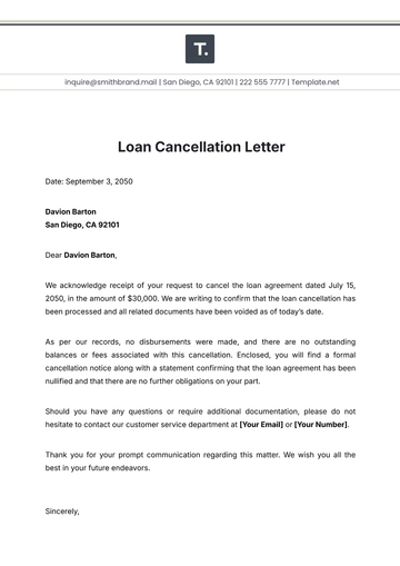 Free Loan Cancellation Letter Template to Edit Online