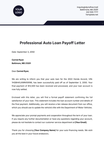 Free Professional Auto Loan Payoff Letter Template to Edit Online