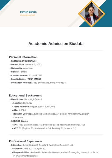 Free Academic Admission Biodata Template to Edit Online