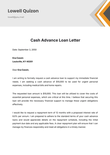 Free Cash Advance Loan Letter Template to Edit Online