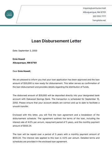 Free Loan Disbursement Letter Template to Edit Online