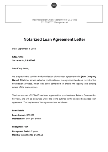 Free Notarized Loan Agreement Letter Template to Edit Online
