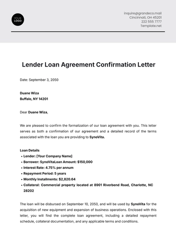 Free Lender Loan Agreement Letter Template to Edit Online