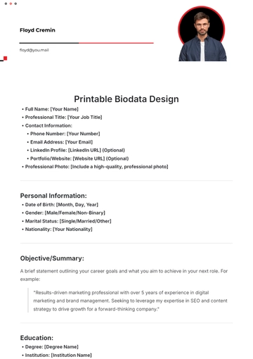 Free Printable Biodata Design Template to Edit Online