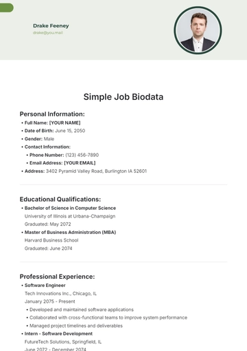Free Simple Job Biodata Template to Edit Online