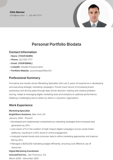 Free Personal Portfolio Biodata Template to Edit Online