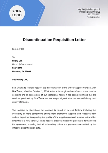 Free Discontinuation Requisition Letter Template to Edit Online