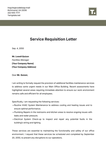 Free Service Requisition Letter Template to Edit Online