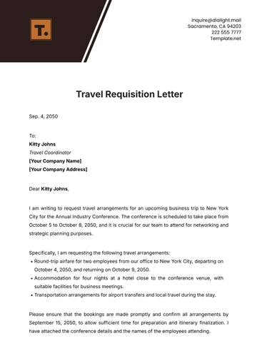 Free Travel Requisition Letter Template to Edit Online