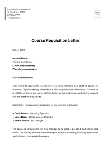 Free Course Requisition Letter Template to Edit Online