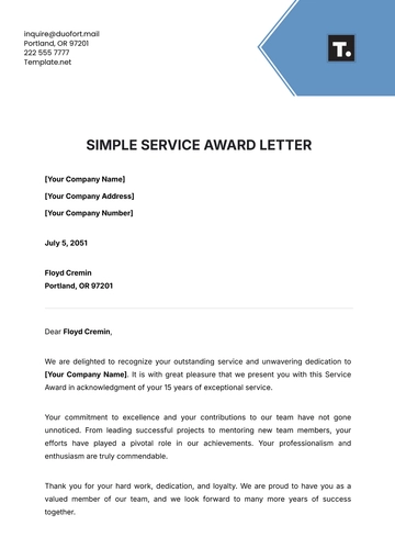 Free Simple Service Award Letter Template to Edit Online