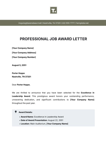 Free Professional Job Award Letter Template to Edit Online
