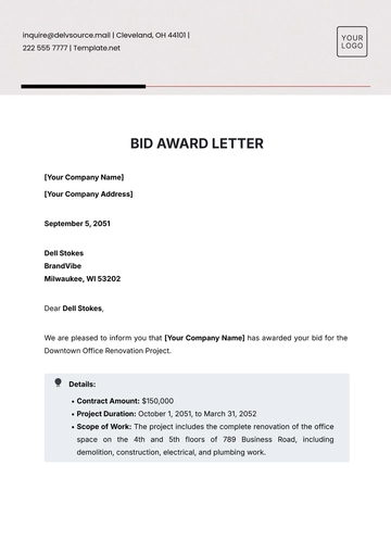 Free Bid Award Letter Template to Edit Online