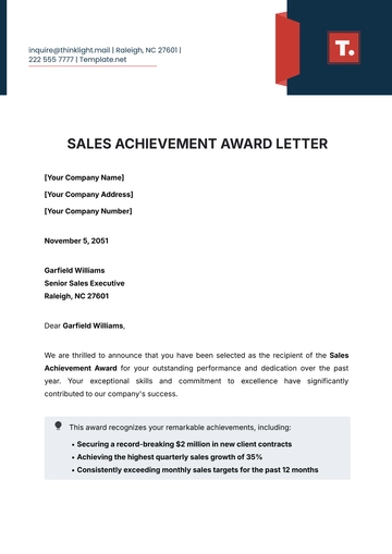 Free Sales Achievement Award Letter Template to Edit Online