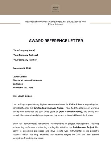 Free Award Reference Letter Template to Edit Online