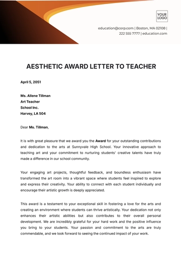 Free Aesthetic Award Letter to Teacher Template to Edit Online