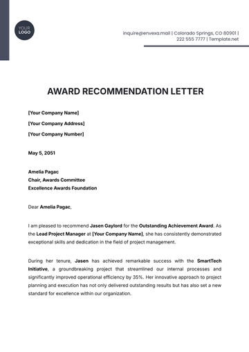 Free Award Recommendation Letter Template to Edit Online