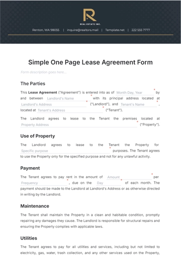 Free Simple One Page Lease Agreement Form Template to Edit Online