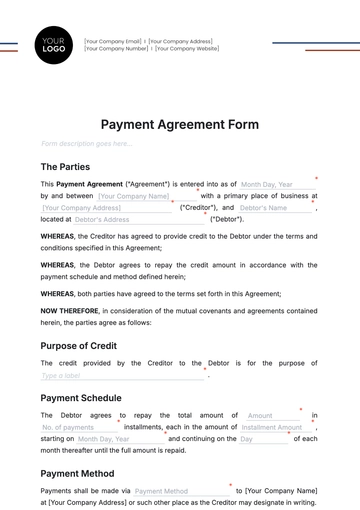 Free Payment Agreement Form Template to Edit Online