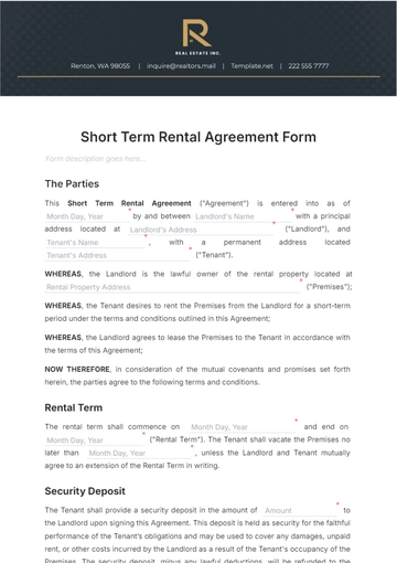 Free Short Term Rental Agreement Form Template to Edit Online