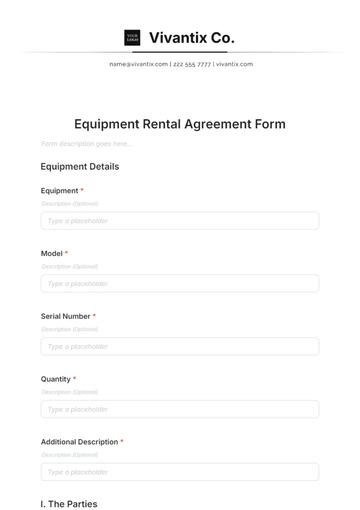 Free Equipment Rental Agreement Form Template to Edit Online