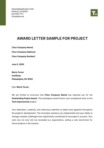Free Award Letter Sample for Project Template to Edit Online