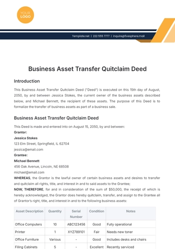 Free Business Asset Transfer Quitclaim Deed Template to Edit Online