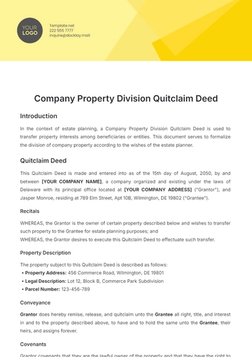 Free Company Property Division Quitclaim Deed Template to Edit Online